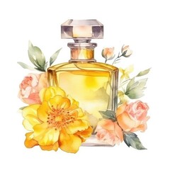 Bottle of perfume with flowers. Hand drawn watercolor illustration.