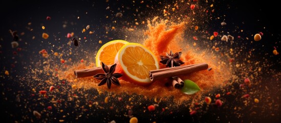 Obraz na płótnie Canvas Citrus slice, cinnamon sticks, star anise, and pepper on a black background create a visually stunning landscape. This culinary event features Mandarin orange in a natural and entertaining display
