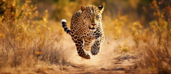 photo leopard running with savanna background