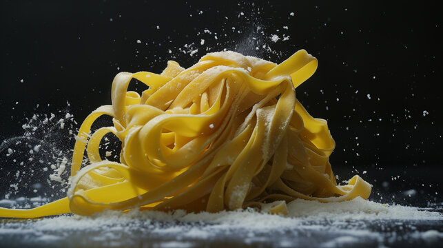 Fancy picture of pasta with parmesan on black background