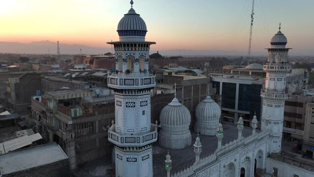 Peshawar mosque Masjid Mahabat Khan, Aerial Drone shot made in Pakistan. Bala Hisar Fort and Historical City Center