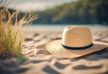 Straw hat with blue ribbon on sandy beach with golden sunlight and blurred background.