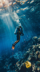 A scuba diver over a coral reef, sunlight streaming through the water