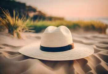 White straw hat on sandy beach dunes at sunset with soft focus background. - obrazy, fototapety, plakaty