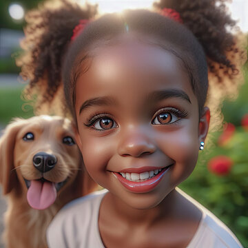 Afro-Asian Little Girl Walking with Dog in the Park