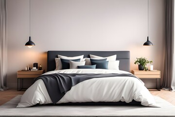 luxury studio apartment with a free layout in a loft style in dark colors. Stylish modern, cozy bedroom area with fireplace.