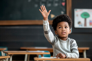portrait of 7-year-old black boy sitting in modern classroom near blackboard,taking an active part...
