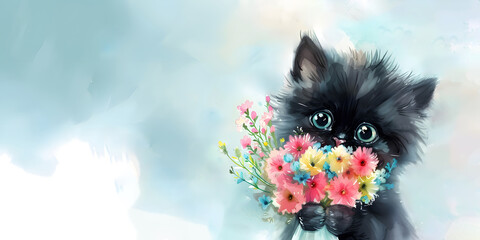 charming fluffy black kitten holds a bouquet of flowers on a blue background,a place for text, a watercolor illustration, a concept for advertising pet products, greeting cards and festive decoration - obrazy, fototapety, plakaty