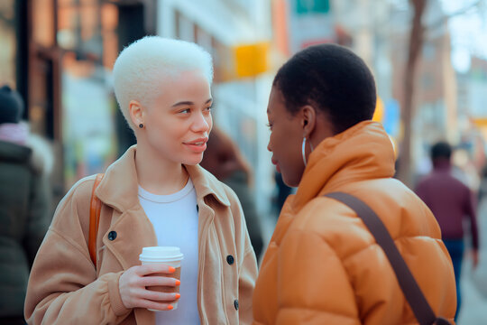 a young black albino woman with a cup of coffee in her hands talks with an ordinary black woman on a big city street, the concept of diversity of people