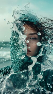 Portrait of a person where clothing and background are reminiscent of an ocean and ice theme