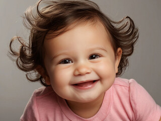 Fototapeta premium A jubilantly smiling toddler with chubby cheeks and sparkling eyes radiates joy and excitement. The innocence and happiness of childhood in exquisite detail.