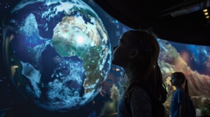 Young Girl Gazing at Illuminated Globe Projection in Dark Exhibition Room