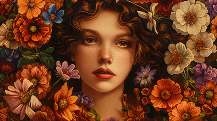 Girl with freckles surrounded by flowers. Closeup portrait