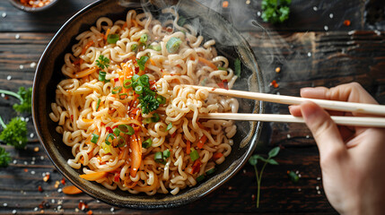 Hand Uses Chopsticks to Pick up Tasty Noodles with Steam - obrazy, fototapety, plakaty