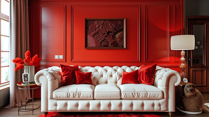 Room interior white sofa with red pillows in Chesterfield style on a background of a red wall