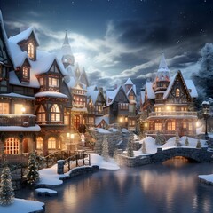 Fantasy winter landscape with a little village in the middle of the lake