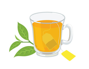 Tea glass cup, tea bag and green tea leaf isolated on white background.  Vector cartoon flat illustration of hot drink.