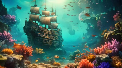 Beautiful underwater world with corals, tropical fish and old ship, Beautiful underwater world with an old shipwreck, coral, and fish, AI Generated