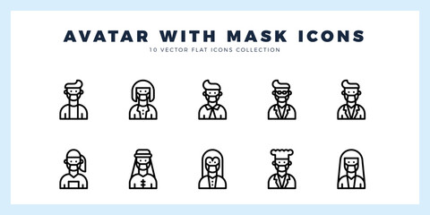 Fototapeta premium 10 Avatars With Medical Masks Lineal icon pack. vector illustration.