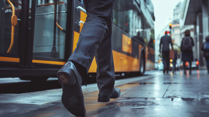 Pedestrian walking by a bus on a rainy city street - obrazy, fototapety, plakaty