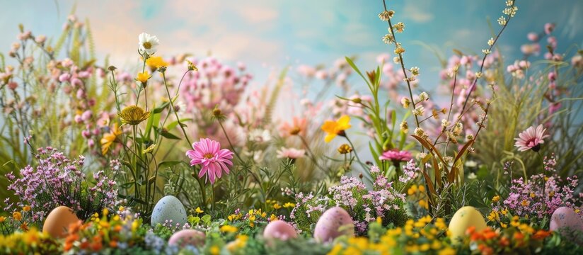 Spring flowers create an Easter-themed backdrop.