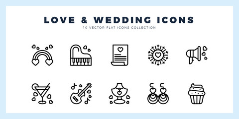 10 Love And Wedding Lineal icon pack. vector illustration.