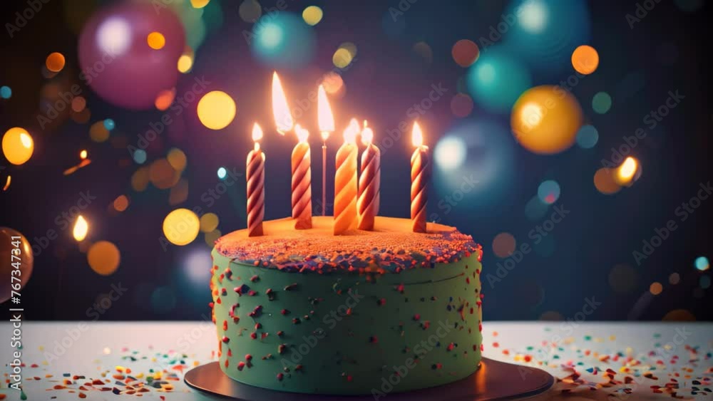 Wall mural Birthday cake with burning candles on blue background with bokeh, Birthday cake featuring burning candles on a blue background, accompanied by colorful balloons and confetti, AI Generated