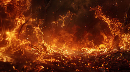 Burning dry grass in the forest on a dark background. Close-up