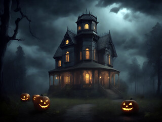 Spooky haunted house in the forest. Halloween night scene