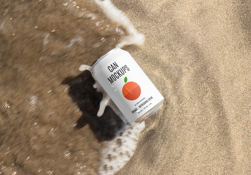 Can Laying on Sand Beach Mockup