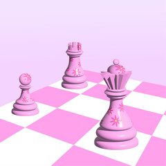 3d Pink chess for girls, queen, pawn, rook