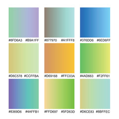 Gradient collection, shiny rainbow hologram. Holographic foil texture, blue, yellow, pink gradation. Catalog of samples palettes in RGB HEX. Vector set for frame, border, other design