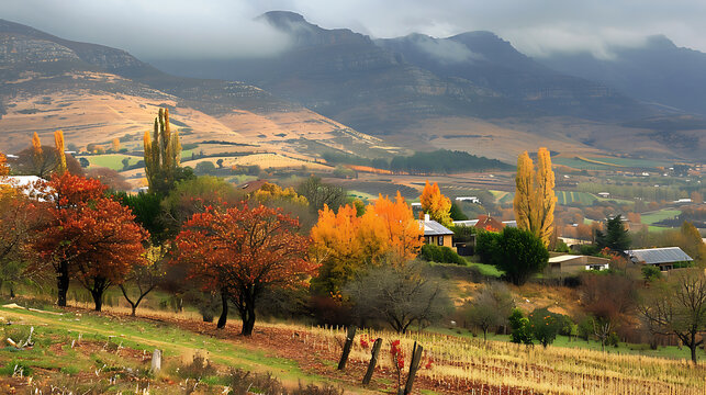 Autumn landscape in the mountains with colorful trees and fields in the foreground