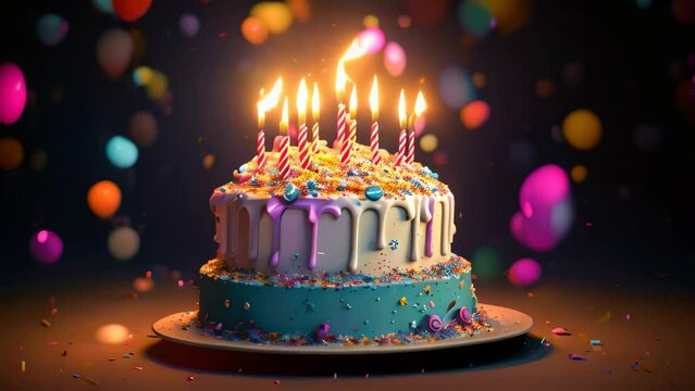 Birthday cake with burning candles and confetti, 3d render, Birthday cake with a burning candle and confetti, presented in a 3D illustration, AI Generated