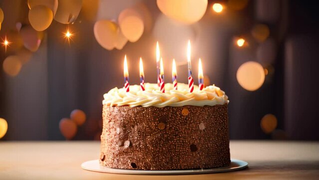 Birthday cake with burning candles on wooden table on bokeh background, Birthday cake with candles against a bokeh background, captured in a close-up shot, AI Generated