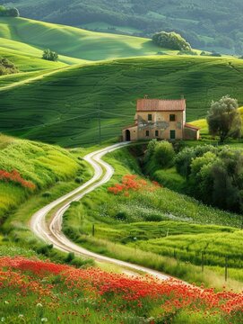 the countryside landscape, with lush green hills, a winding country road, and a rustic farmhouse enveloped by colorful fields of blossoming flowers.
