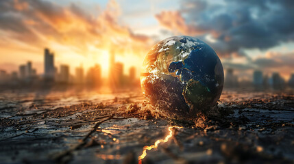 Earth planet on cracked ground. Global warming concept.  - obrazy, fototapety, plakaty