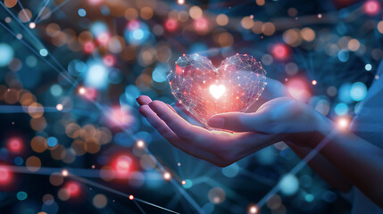 Heart in female hands with bokeh background. 