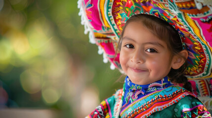Mexican Independence Day, portrait of a beautiful little Mexican girl in national costume, smiling Mexican child in a bright sombrero, close-up