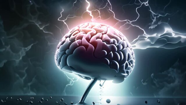 Human brain with thunderbolt, 3d illustration, computer generated image, Brainstorming concept illustrated with a human brain and lightning, 3D illustration, AI Generated