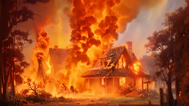 Burning house in the village. Fire in the village. Fire in the house, Burning house A house is on fire displaying flam, AI Generated