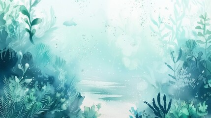 Fototapeta na wymiar Watercolor illustration awash in soft blue and green hues depicting underwater scenes icy landscapes