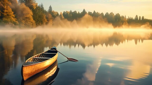 Lake in the morning mist. Beautiful autumn landscape with a boat, Canoe on a serene lake, AI Generated