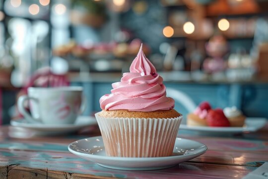Puncake with pink frosting on the table. 