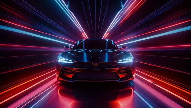 Black sport car with glowing neon lights in tunnel. 3D rendering, Car in a tunnel with neon lighting, front view, AI Generated
