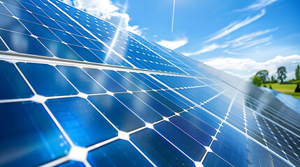solar energy panels on blue sky background - obrazy, fototapety, plakaty