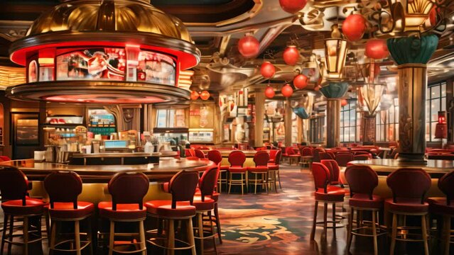 Interior of a casino with tables and chairs. 3d rendering, Classic vintage American Las Vegas casino interior, AI Generated