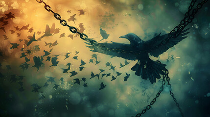 Freedom On The Wings Of Birds Flying - Broken Chains Concept - obrazy, fototapety, plakaty
