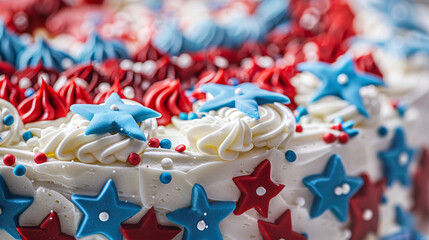 A close-up of a 4th of July themed cake decorated with stars and stripes at a family gathering.
