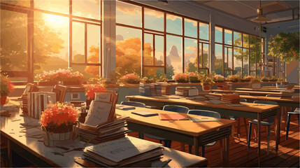 Warm Classroom with City View and Floral Decor illustration - obrazy, fototapety, plakaty